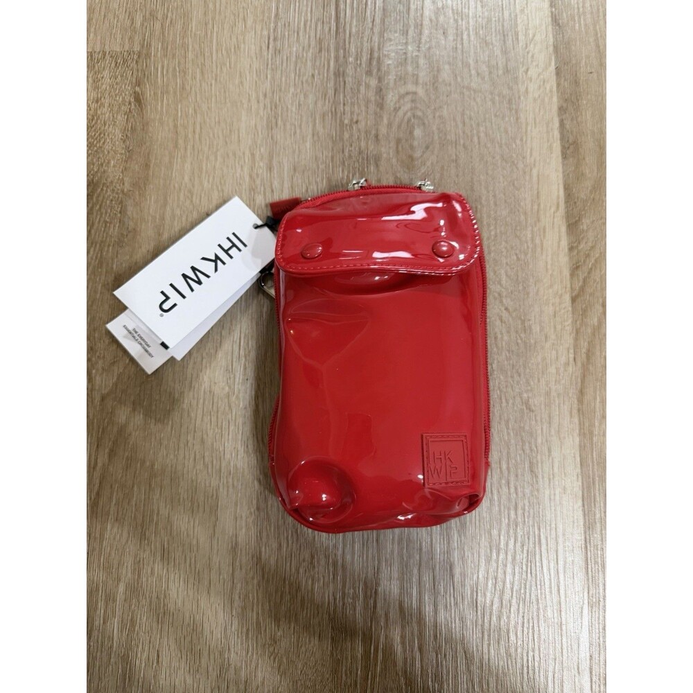IHKWIP Red Glossy Crossbody Bag Zip Closure RFID Blocking Detachable Strap